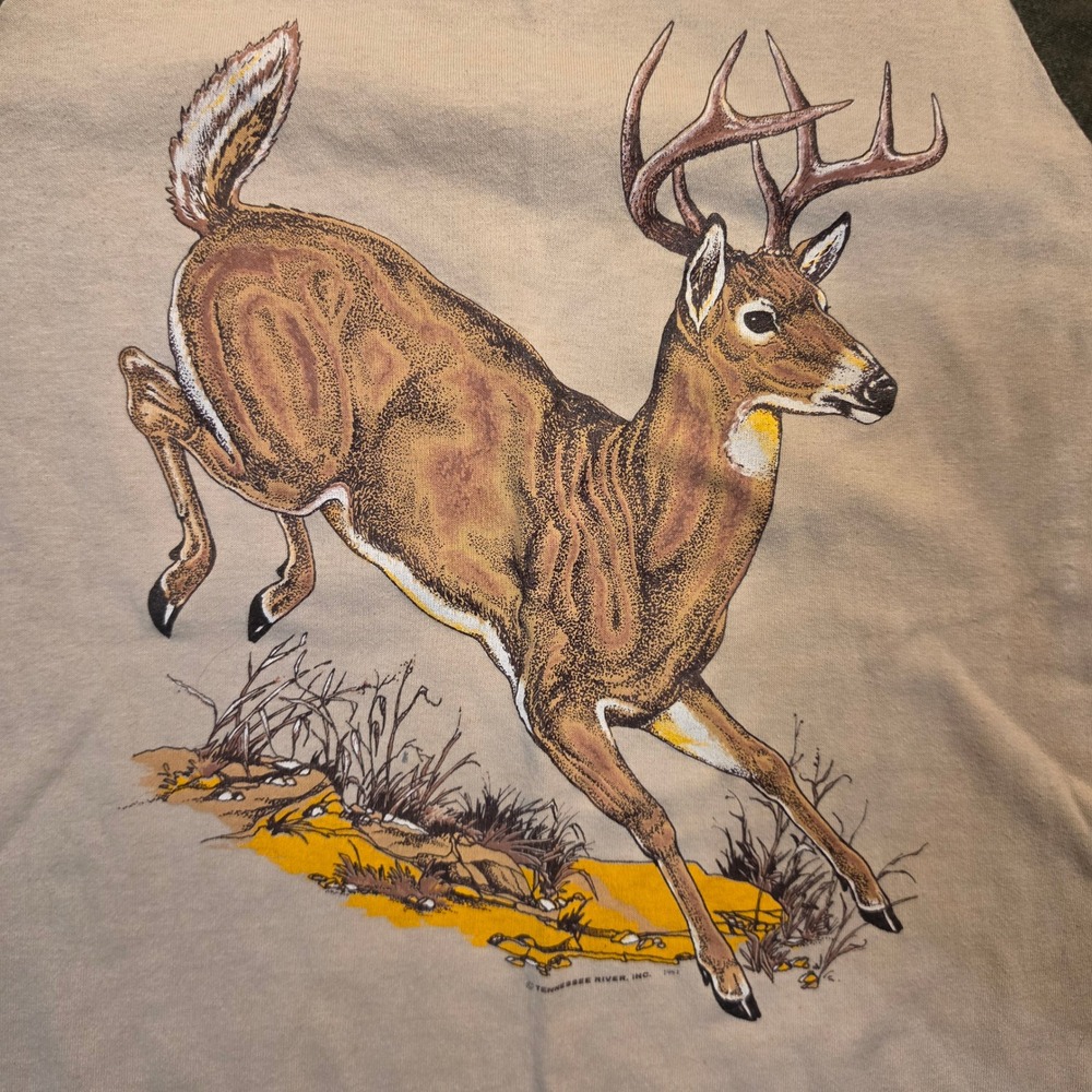 Vtg 1984 Tennessee River Deer Buck Raglan Camo 3/4 Sleeve T-Shirt Small USA - Picture 3 of 8